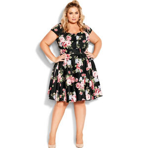 City Chic Sweet Vintage Pinup Retro Fit Flare Dress Black Pink Floral 16 NWT